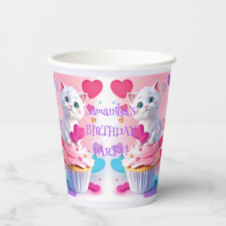 Niedliche White Kitty & Cupcake Girly Geburtstagsp Pappbecher