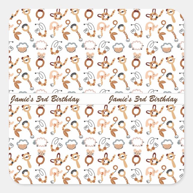 Niedliche White Toy Boho Muster Illustration Gebur Quadratischer Aufkleber (Vorderseite)