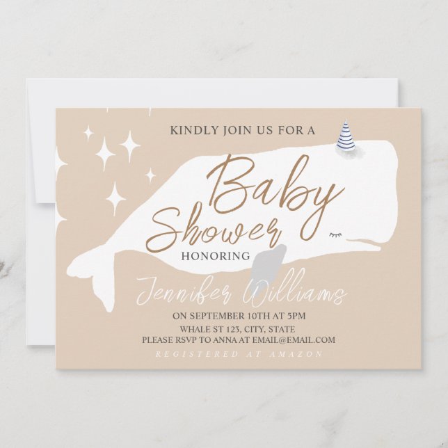 Niedliche White Whale Baby Dusche Beige Einladung (Vorderseite)