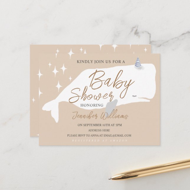 Niedliche White Whale Baby Dusche Beige Einladung Postkarte (Vorderseite/Rückseite Beispiel)