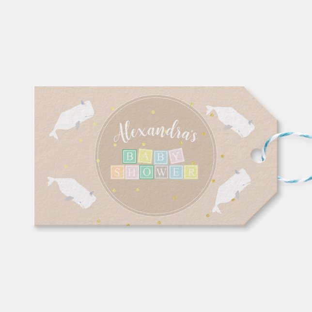 Niedliche White Whale Baby Dusche Neutral Beige Geschenkanhänger (Vorderseite (Horizontal))