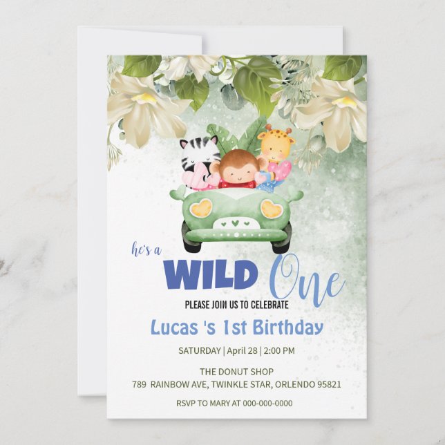 Niedliche Wild One Safari Animal Liebe Auto 1. Geb Einladung (Vorderseite)