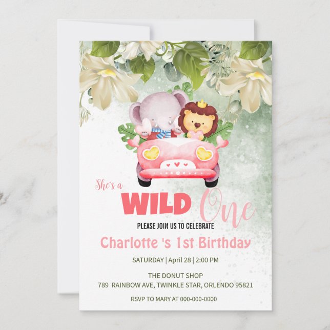 Niedliche Wild One Safari Animal Liebe Auto 1. Geb Einladung (Vorderseite)