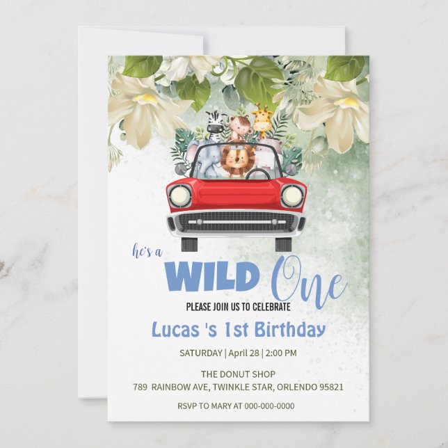 Niedliche Wild One Safari Animal Liebe Auto 1. Geb Einladung (Vorderseite)