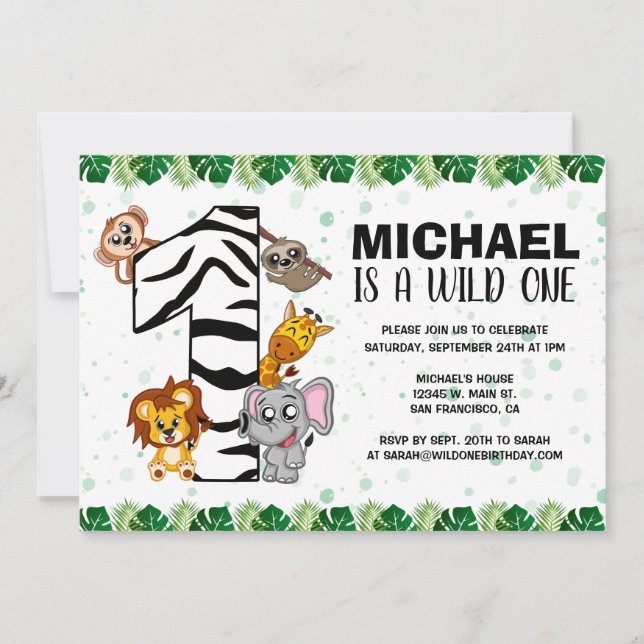 Niedliche Wild One Safari Jungle Tiere 1. Geburtst Einladung (Vorderseite)