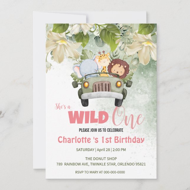 Niedliche Wild One Safari Tierwagen 1. Geburtstag Einladung (Vorderseite)