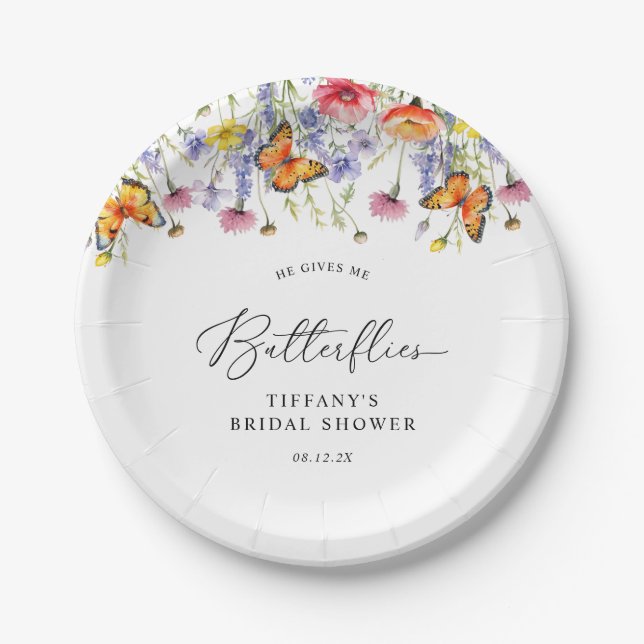 Niedliche Wildblumen Schmetterlinge Brautparty Pappteller (Vorderseite)