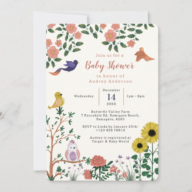 Niedliche Wilde Blume und Vögel Tee Party Babydusc Einladung (Vorderseite)