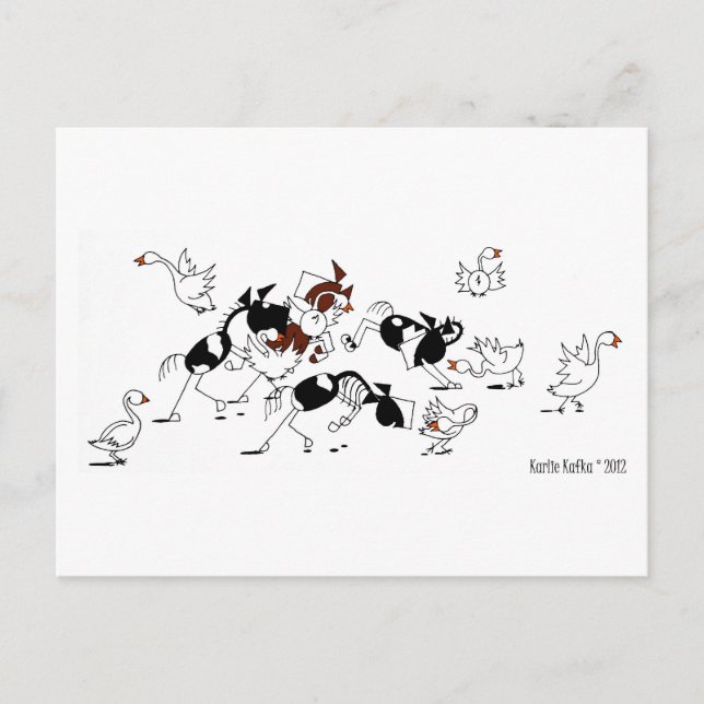 Niedliche Wilde Gänse Chase Pferde Cartoon Postkar Postkarte (Vorderseite)