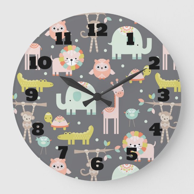 Niedliche Wildtiere Cartoon Illustration Kinderzim Große Wanduhr (Vorderseite)