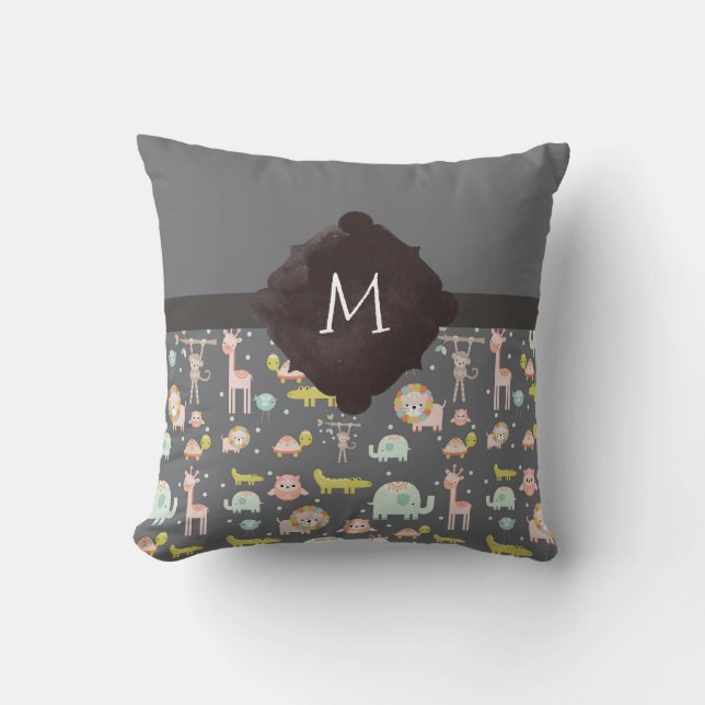 Niedliche Wildtiere Kinderzimmer Art Monogramm Kissen (Vorderseite)