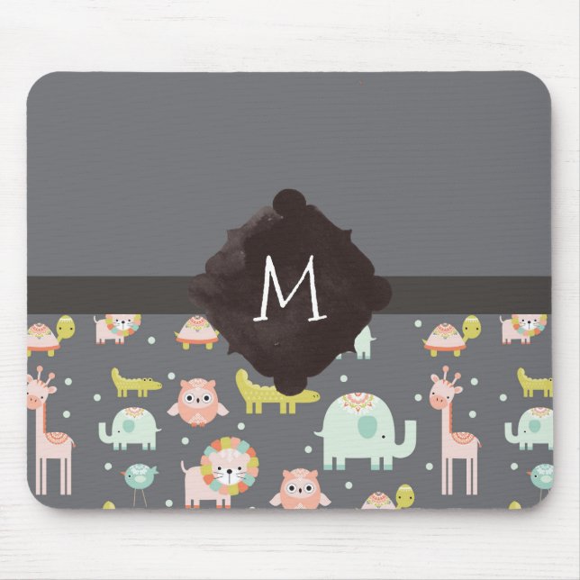 Niedliche Wildtiere Kinderzimmer Art Monogramm Mousepad (Vorne)