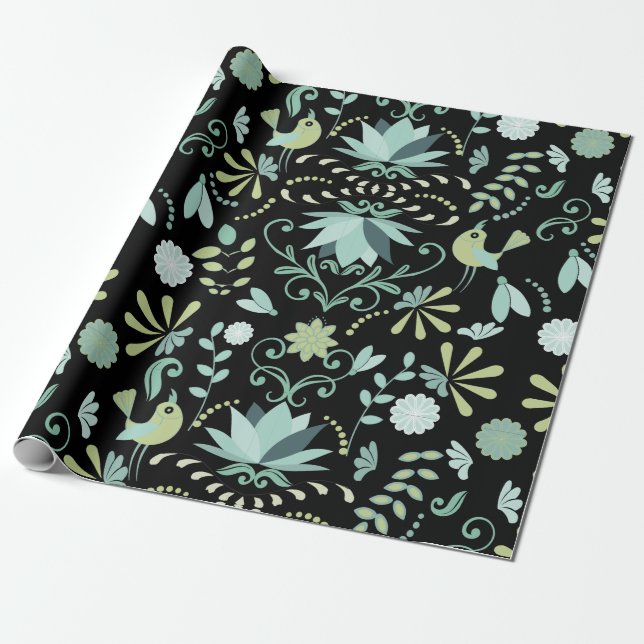 Niedliche Wildvögel Blume blaues schwarzes Muster Geschenkpapier (Ungerollt)