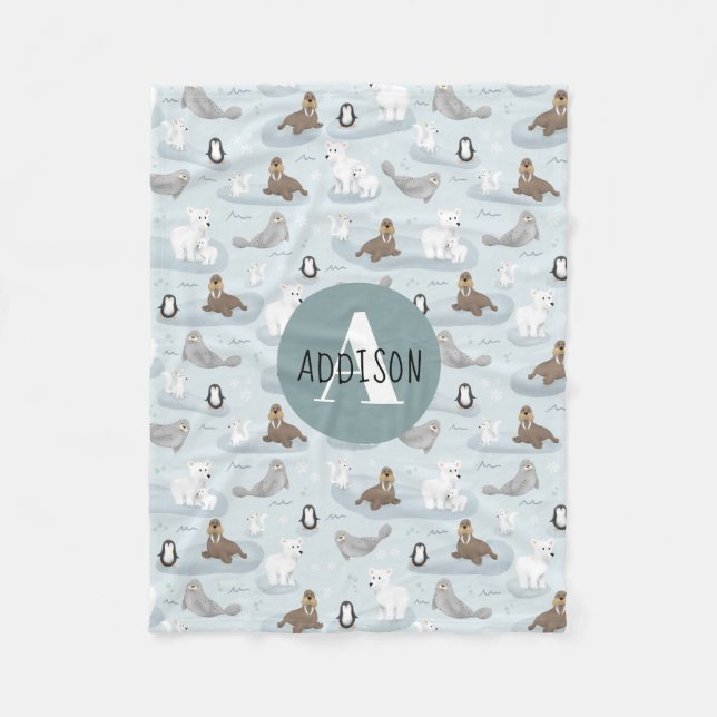 Niedliche Winter Arctic Animes Blue Monogram Kids Fleecedecke (Vorderseite)