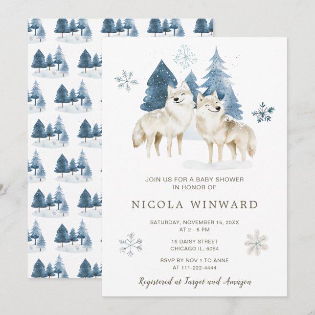 Niedliche Winter Arctic Wolf Babydusche Einladung (Vorne/Hinten)
