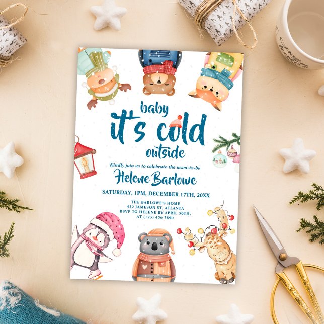 Niedliche Winter Baby Dusche für verspielte Waldti Einladung (Playful Woodland Animals Cute Winter Baby Shower Invitation)