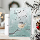 Niedliche Winter Bird Watercolor Warmwünschungen Feiertagspostkarte<br><div class="desc">Freuen Sie sich auf Ihre Lieben mit dieser bezaubernden personalisierten, digitalen Aquarellpostkarte! Mit einer originellen Illustration eines kleinen, runden Vogels, der auf einem winterlichen Zweig steht, fasziniert dieses Design den gemütlichen Charme der Saison. Der Text "Warm Wünsche" fügt eine herzliche Touch hinzu, und Sie können den Vor- und Rücktext einfach...</div>