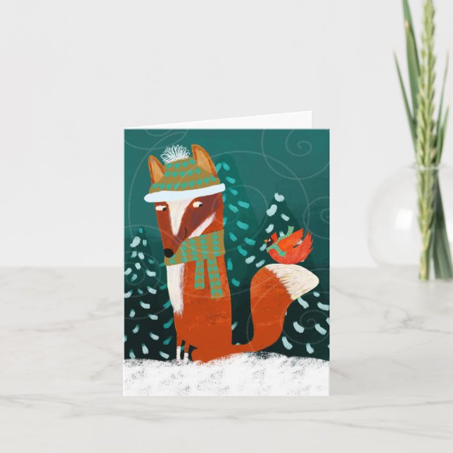 Niedliche Winter Fox und Kardinal BLANK Grußkarte Dankeskarte (Vorderseite)