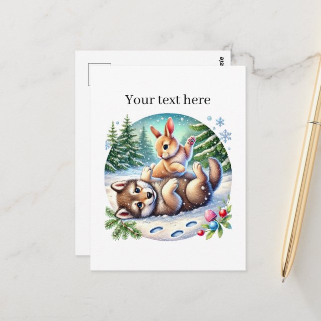 Niedliche Winter gemischte Tiere Wolfskaninchen in Postkarte (Vorderseite/Rückseite Beispiel)