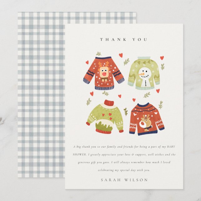 Niedliche Winter Herz Leafy Ugly Sweater Baby Dusc Dankeskarte (Vorne/Hinten)