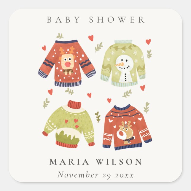 Niedliche Winter Herz Leafy Ugly Sweater Baby Dusc Quadratischer Aufkleber (Vorderseite)