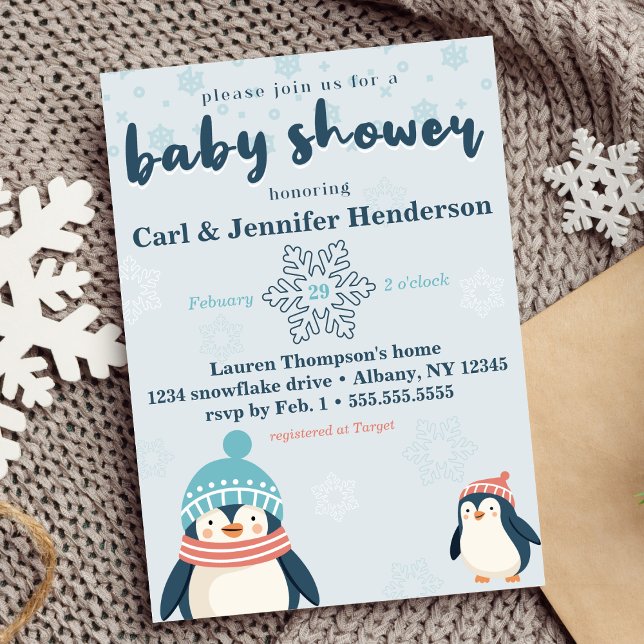 Niedliche Winter Snowy Pinguin Kinderdusche Einladung (cute winter baby shower penguin and snowflake design gender neutral for boy or girl blue cozy animal)