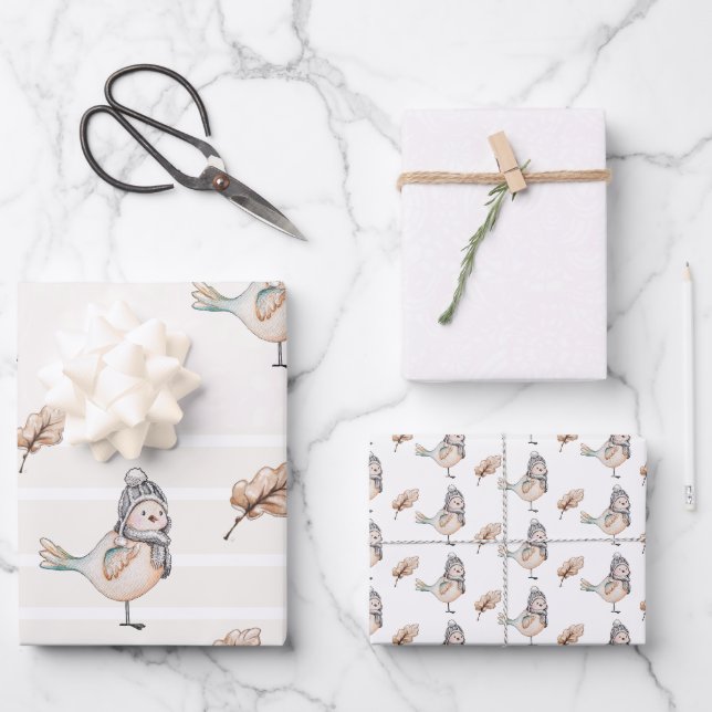Niedliche Winter Sparrow-Aquarellbilder Geschenkpapier Set (Vorderseite)