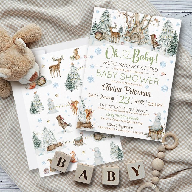 Niedliche Winter Woodland Tiere Snowflake Babydusc Einladung (Cute Winter Woodland Friends Forest Animals Oh Baby We're Snow Excited Snowflake baby shower invite)