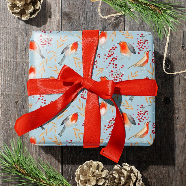 Niedliche winterblaue und rote Rotkehlvögel und -b Geschenkpapier (Cute Bird Blue Robin Winter Christmas Holiday Pattern Wrapping Paper)