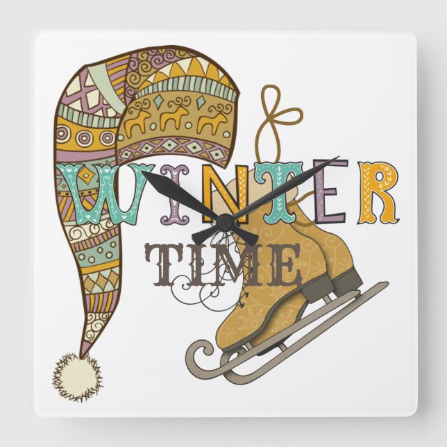 Niedliche Wintereis Skate Strick Strumpf Quadratische Wanduhr (Vorderseite)