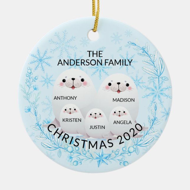Niedliche Winterfamilie 5 Siegel Weihnachten Keramik Ornament (Vorne)