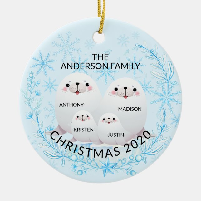 Niedliche Winterfamilie von 4 Siegeln Weihnachten Keramik Ornament (Vorne)