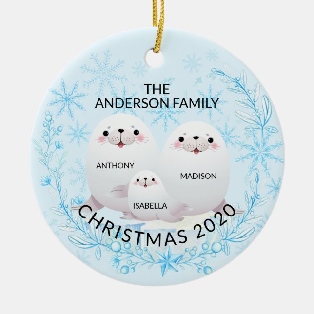 Niedliche Winterfamilie zu 3 Siegeln Weihnachten Keramik Ornament (Vorne)
