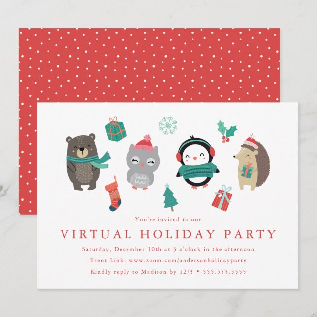 Niedliche Winterfreunde Kids Virtual Holiday Party Einladung (Vorne/Hinten)