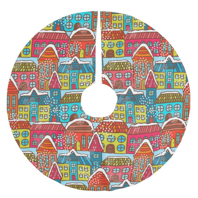 Niedliche Winterhäuser Polyester Weihnachtsbaumdecke (Vorderseite)