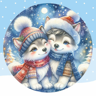 Niedliche Winterhunde Husky Welpen Weihnachten 20  Runder Aufkleber