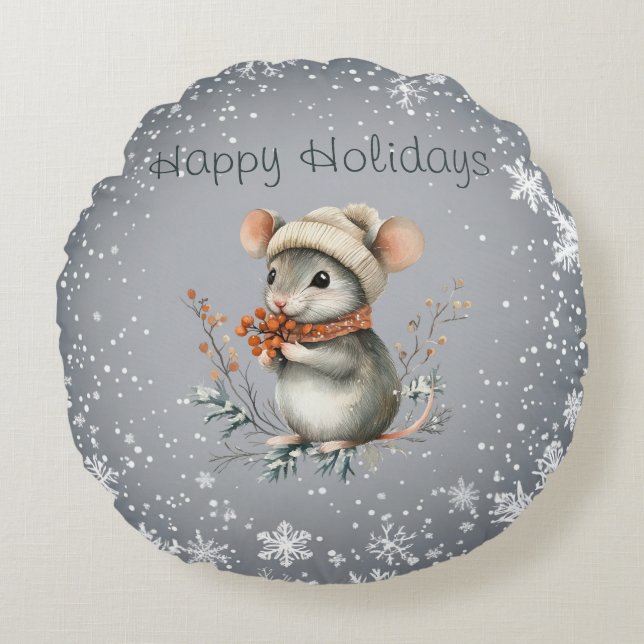 Niedliche Wintermaus mit Berries Rundes Kissen (Vorderseite)