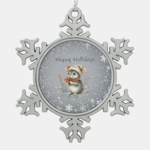 Niedliche Wintermaus mit Berries Schneeflocken Zinn-Ornament