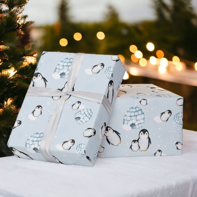 Niedliche Winterpinguin-Iglu Geschenkpapier (Cute winter penguin igloos snow illustration wrapping paper)