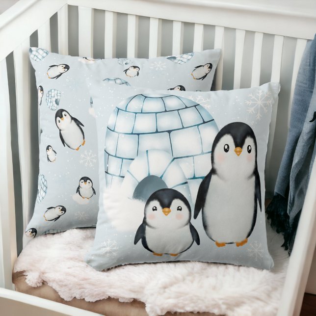 Niedliche Winterpinguin-Iglu Kissen (Cute winter penguin igloos snow illustration throw pillow)