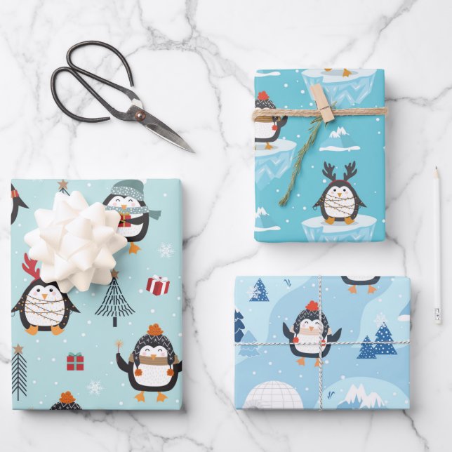 Niedliche Winterpinguine in drei Mustern Geschenkpapier Set (Vorderseite)