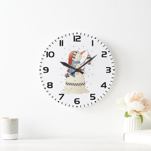 Niedliche Winterschneefrau mit Lattern Große Wanduhr