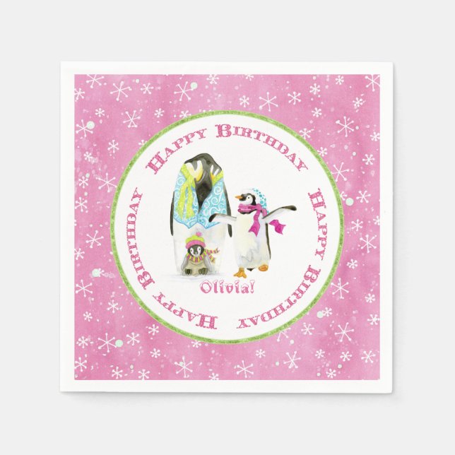 Niedliche Winterschneepinguine Geburtstagsparty Gi Serviette (Vorderseite)