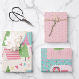 Niedliche Wohnwagen Zelte und Bäume Glamping Geschenkpapier Set