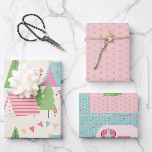 Niedliche Wohnwagen Zelte und Bäume Glamping Geschenkpapier Set (Vorderseite)