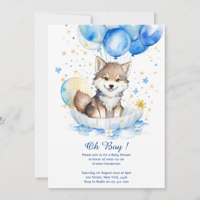 Niedliche Wolf Watercolor Boy Kinderdusche Einladu Einladung (Vorderseite)