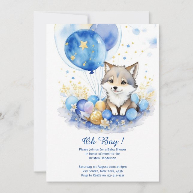 Niedliche Wolf Watercolor Boy Kinderdusche Einladu Einladung (Vorderseite)