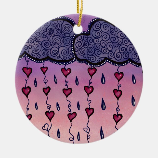 Niedliche Wolken, Herzen und Regentropfen Keramik Ornament (Vorne)
