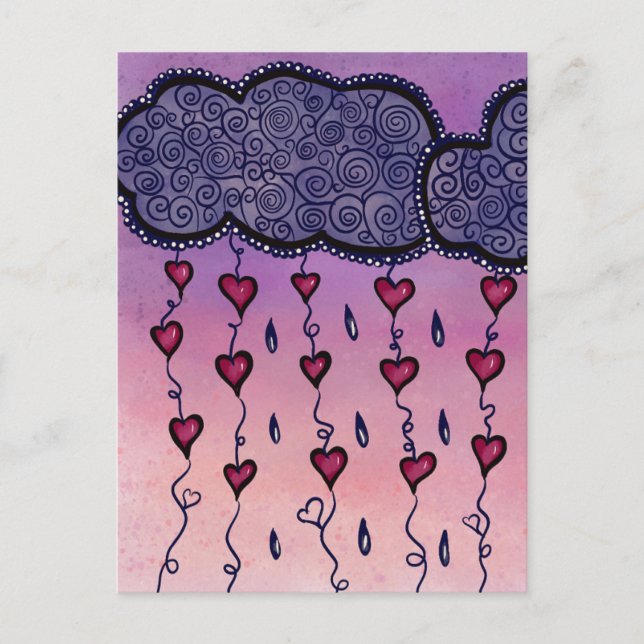 Niedliche Wolken, Herzen und Regentropfen Postkarte (Vorderseite)