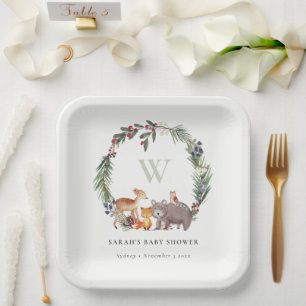 Niedliche Woodland Animal Leafy Wreath Baby Dusche Pappteller